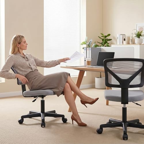 Image of OLIXIS Armless Office Chair, Ergonomic Desk Chair with Wheels, Mesh Back, Removable Washable Foam Cushion, Height Adjustable Rolling Swivel Chairs for Small Space, Home, Office, Grey