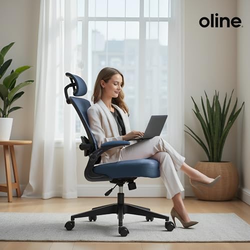 Oline ErgoAir Ergonomic Office Chair &ndash; Adjustable Lumbar Support, Flip-Up Armrests, Mesh Computer Desk Chair, Swivel Rolling Executive Gaming Chair for Home & Office (Navy Blue)