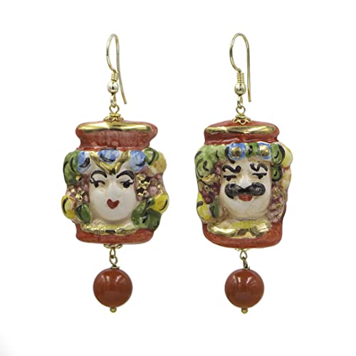 MARARDI Pendientes Mujer Italianos [Rojo y Dorado] Cerámica de Caltagirona [Testa di Moro] Largos Handmade Joyería Italiana Originales Elegantes para Diario Eventos Bodas Ocasiones Especiales