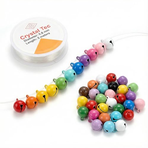 100 Metall Glöckchen 14 mm mit Öse & 5 m Elastikband in Aufbewahrungsbox Bunte Mini Glöckchen für Basteln Schmuckherstellung Weihnachten DIY Dekoration Haustier Halsband