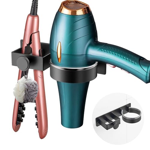 sdhiiolp Fönhalter Ohne Bohren Föhnhalter für Glätteisen und Haartrockner Föhn Halterung Schwarz Aluminium Haartrocknerhalter Selbstklebend Fönhalterung für Bad Barbershop Hotel