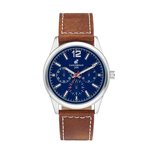 Caribbean Joe Men's Chronograph Watch Blue Face with Brown Strap Water Resistant 30 Meters