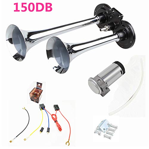 Viping Air Horn Car Horn 12V 150DB Trumpet Truck Air Horn Double Tube Silver Chrome Zinc Dual Trumpet Air Horn with Compressor Car Speaker for any 12V Vehicles Trucks Lorrys Trains Boats Cars ect - Thumbnail 2