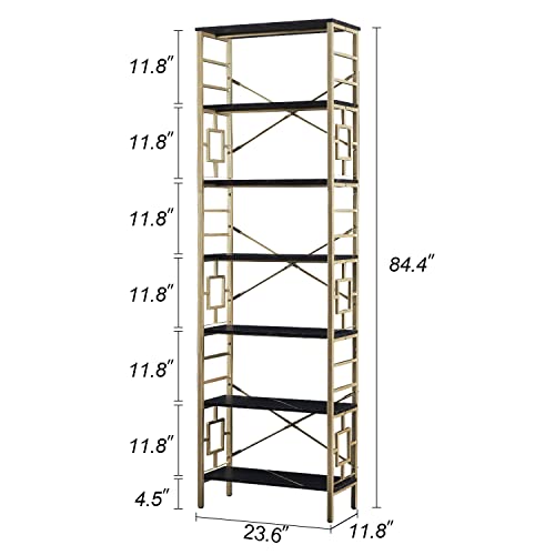 Homissue Bookcase,7-Tier Tall Bookshelf Metal Bookcase And Bookshelves, Free Standing Storage Modern Bookshelf For Home Office Living Room And Bedroom, Black & Gold #TOP1