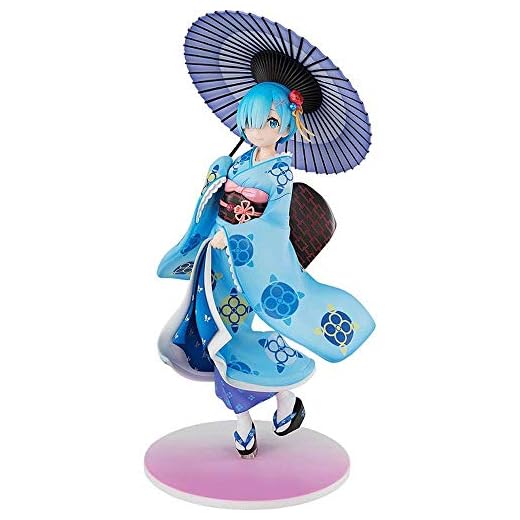 Rem Ukiyo-e figure in stock, standing with umbrella in hand, 22cm/8.7-inch PVC material, big eyes and pink lips, cute anime girl in purple lace dress.