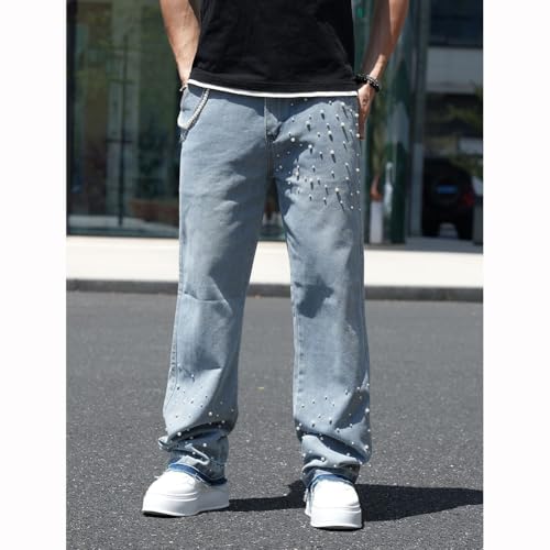 XYGJZ Mens Hip Hop Pearl Jeans Loose Fit Straight Leg Denim Pants3