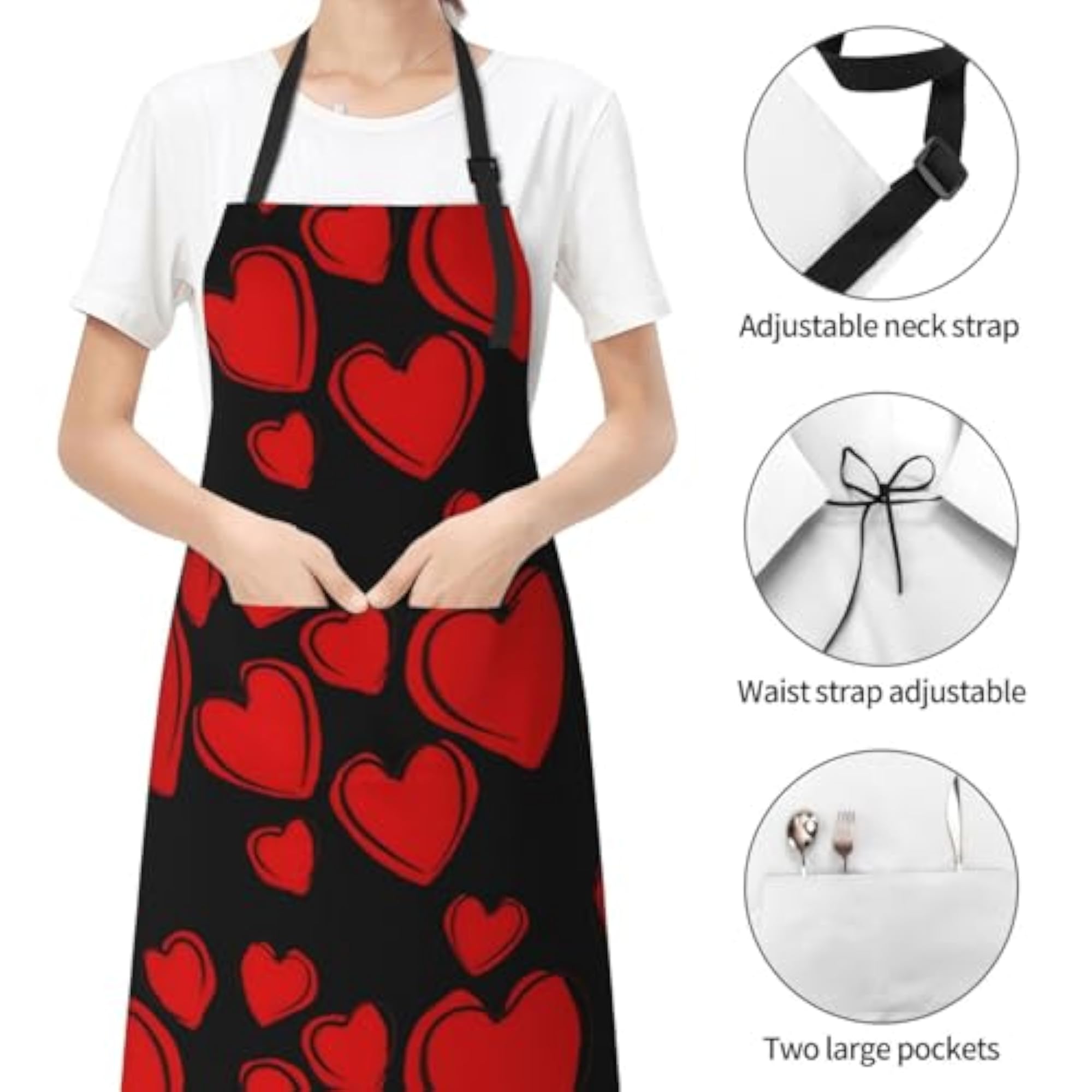 Adjustable Red Pink Heart Print Aprons for Couples