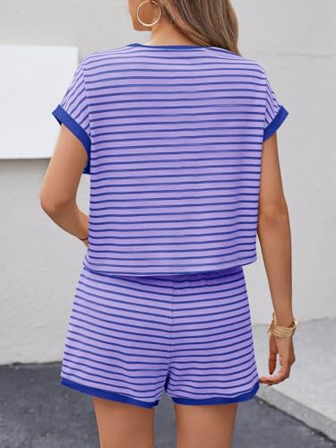 Image of Tankaneo Womens 2 Piece Sets Striped Short Sleeve Top and Shorts Lounge Set