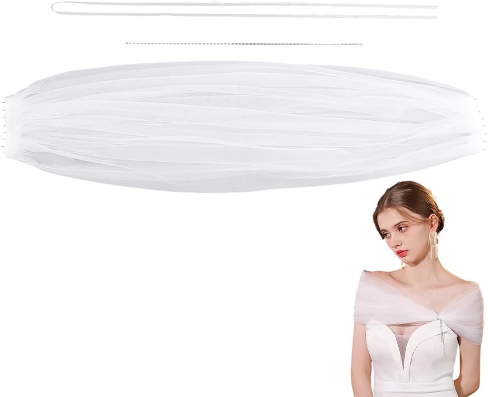 1PC White Polyester Bridal Shawl 36.2x27.1 Inch Adjustable Pearl Tulle Shawl Wedding Dress Straps Off Shoulders Clothing Bridal Cloak Wedding Cape for Bride Weddings Ceremony Decor