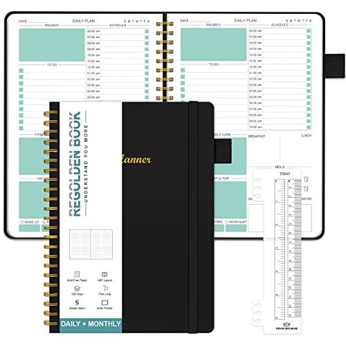 Regolden-Book Undated Daily Planner 4 Month 120 Days, Hardcover Faux Leather To Do List Notebook With Spiral Bound, Inner Pocket, Ruler,Pen Loop, Daily & Monthly Agenda Book A5 (5.5" X 8.5") #TOP13