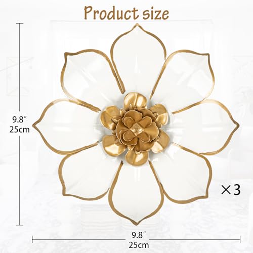 Metal Flowers Wall Decor White and Gold Wall Art Decorations Hanging 3 Pc Rustic Modern Floral Sculpture Wall Accent Artwork Indoor Outdoor for Bathroom Kitchen Bedroom Living Room Patio Porch 10 Inch - Image 3