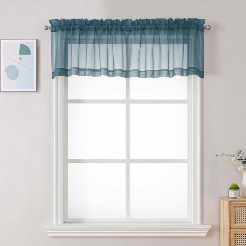 Image of Chyhomenyc Stone Blue Sheer Valances for Windows - Light Filtering Small Kitchen Curtains, Rod Pocket Short Top Window Treatment Decor for Living Room Bathroom Basement, 42Wx16L inches, 2 Panels