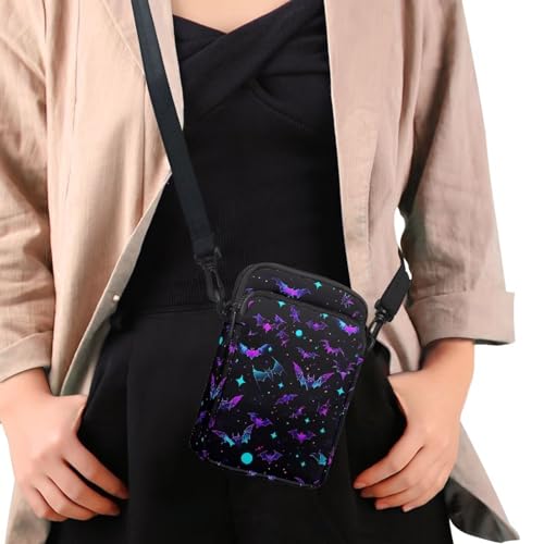 Halloween Purple Blue Bats Stars Women's Crossbody Bag, 2 Layer Small Messenger Shoulder Storage Bag Key Credit Card Wallet Holder for Toddler Kid Girl Boy3