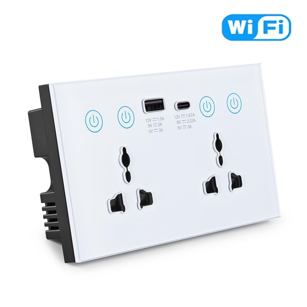 Prise Universelle UE UK US Tuya WiFi Blanche avec Interrupteur Intelligent et Port USB et Type-C Smart Life
