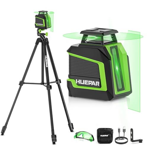 Niveau Laser 360° avec 152m Trépied –Huepar 25 m-50 m Vert Laser Autonivelant + Mode impulsion – 3 Niveaux de Luminosité – Batterie Li‑ion Rechargeable – Pour Pose de Carrelage, Décoration Intérieure