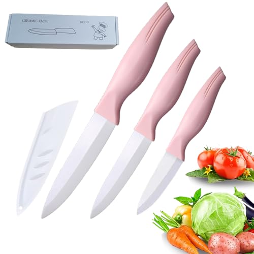 3-Piece Pink Ceramic Knife Set - 5in Veggie, 4in Fruit, 3in Peeling Knife - Beef, Chicken, Vegetable, Bread (Pink)