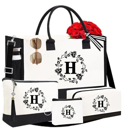 Image of Personalized Tote Bags for Women, 4pcs Monogram Tote Bags, Double-sided Embroidery Initial Tote Bag Birthday Gifts