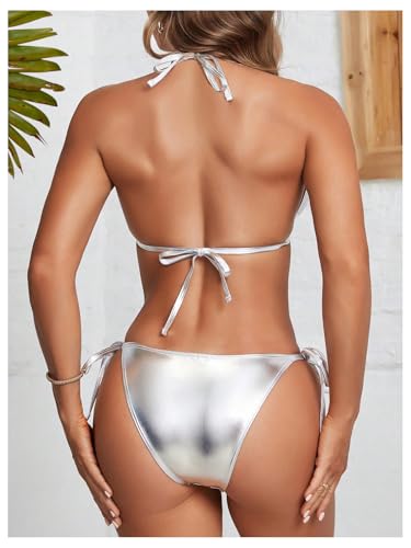 Women's Metallic Shiny Halter Bikini Set Tie Back High Cut Two Piece Swimsuit Beachwear2