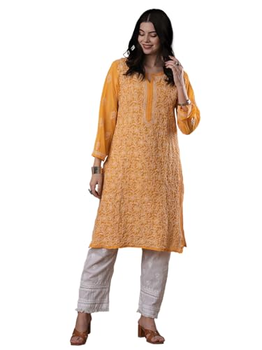 Image of Ada Lucknow Chikankari Hand Embroidered Faux Georgette Kurta Kurti Tunic Dress for Women A95504