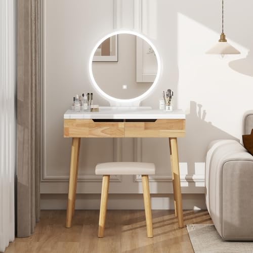 YOURLITE Makeup Vanity Desk with Lights,Small Vanity with Adjustable Brightness Mirror for Small Spaces, Dressing Table with Drawers (31.5