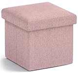 Ornavo Home Small Storage Ottoman Foldable Collapsible Cube Square Linen Ottoman Foot Rest Stool Seat, for Living Room, Bedroom, Home Office, Dorm - 12 x 12 x 12, Pink