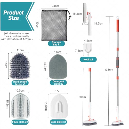 Roxanex 3-in-1 Badezimmer-Wannenfliesenschrubber, 5 Scheuerbürsten, verbesserte Duschreinigungsbürste für Badewanne, Boden, Wand, Küche, Nassraum, Auto, Sockelleiste, ausziehbarer 130 cm langer Griff