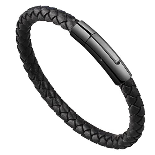 Meixao Bracelet for Men Cowhide Genuine Leather Polished Stainless Steel Riveted Rocker Closure (Black, 20)