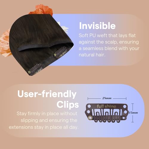 Image of Full Shine Invisible Clip in Hair Extensions, Dark Brown Human Hair, 4 Pcs