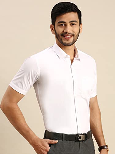 Image of RAMRAJ COTTON Men White Half Sleeve Shirt Crafted For Comfort| Durability| And Timeless Everyday Style