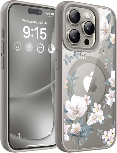 Image of VONZEE Compatible with iPhone 15 Pro Max Case Luxury Retro Flowers Floral Clear for Magnetic Wireless Charging Case Shockproof Case PC+TPU Cute Glossy Shiny Cover for Girls Women, 6.7'' Grey