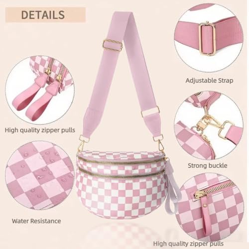 Image of Checkered Crossbody Bum Bags for Women, Nylon Sling Bags with Shoulder Strap, Large Capacity Checkered Purse Bag