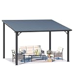 YODOLLA 3x3.65m Aluminium Lean-to Gazebo, Wall-Mounted Iron Hardtop Roof Pergola, Heavy Duty Metal Awning for Garden