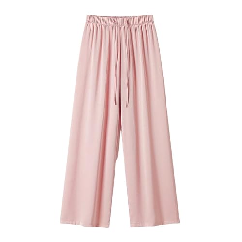 KIJSKKOPO Women's Casual Straight Leg Pants High Waisted Stretchy Trousers, Pink Plain Silky Satin Drawstring Baggy Wide Leg Trousers Summer Daily Going Out Work Palazzo Pants Pink S