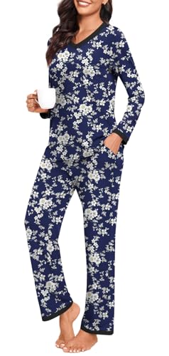 BISHUIGE 2025 Womens Pajama Set 2 Packs Comfy Long Sleeve V Neck Sleepwear With Pockets Ladies Soft Lounge Pants Set2