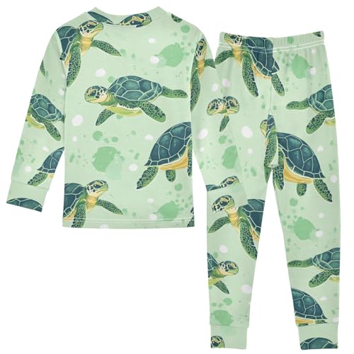 Pajama Sets Long Sleeve Cute Sea Green Turtle Pattern Soft Comfy Sleepwear 2 Piece PJS 3-8T3