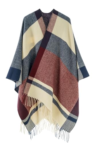 OIZEN Chal para Mujer, Poncho Abierto, Cárdigan Capa, Suéteres Oversize para Otoño e Invierno,Rojo Vino Azul Marino