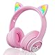 Woukksy Bluetooth Kopfhörer Kinder, Faltbar 85dB Mädchen Kopfhörer Over Ear, Kabellos Kinderkopfhörer mit LED-licht Katzenohren und Mikrofon für Schule/Tablet/Handy/PC (Rosa)