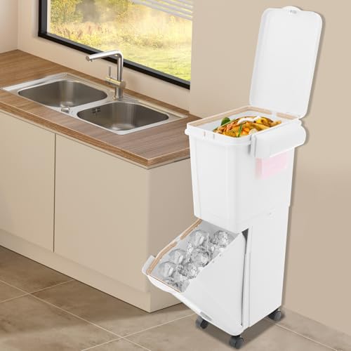 JUDEMII Cubo de basura de cocina con 2 compartimentos, sistema estrecho de separación de basura, cubo de basura de 32 L con ruedas, lateral con caja de almacenamiento para cocina, apartamento o