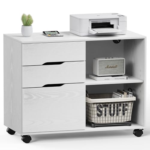 Sweetcrispy Cajonera con 3 cajones, archivador e impresora con ruedas, estante abierto, estante ajustable en altura, archivador colgante A4/carta/legal, 80 x 40 x 62 cm, blanco, para oficina o casa