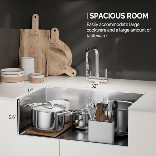 Image of VINGLI Undermount Commercial Kitchen Sink,32 inch Stainless Steel Utility Farmhouse Sink, Deep Workstation Sink, Single Bowl Sink for RV, Kitchen, Restaurant, Travel Trailer, Garage