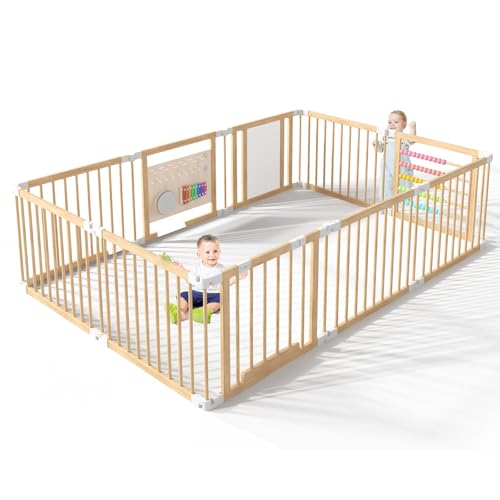ZIKEBTUY Baby Playpen 240x160x61cm Wood Playpen Foldable Baby Fence fold Away Play Pen with Musical Toys and Door Portable Easy Assembly Playpens for Babys & Toddlers (L)