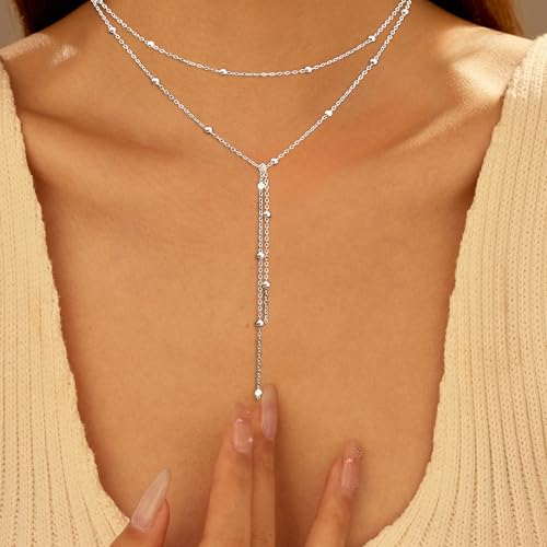 925 Sterling Silver Y-Shaped Double Layer Bead Necklace for Women Dainty Minimalist Layered Y Charm Chain to Daughter Everyday Fashion Necklace Wedding Halloween Jewelry Gift for Her4