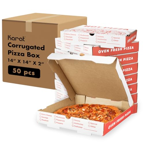Karat 14" x 14" Pizza Boxes (50) – Grease-Resistant, Ventilated, Convertible to Plate