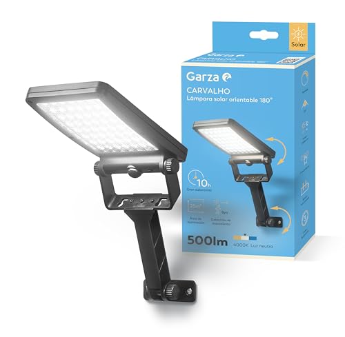 GARZA - Aplique de Exterior Solar LED 4000K, 25m² Cobertura – Sensor de Movimiento, 3 Modos, IP54, 12h Autonomía, Ángulo Ajustable 180º, Carga Solar Eficiente. Instalación en pared.