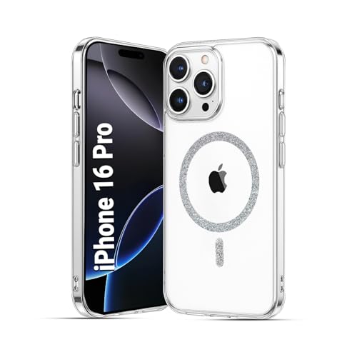 Image of AIBEX Back Cover Case Compatible with iPhone 16 Pro | Glitter Ring Cute Shiny Colorful Bling Case (Compatible with Magsafe) | Transparent PC+TPU Glossy Shiny Cover for Girls & Women - Silver