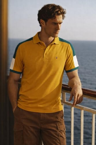 Image of Louis Philippe Men's Slim Fit Premium High-End Pique in Superior Cotton Cut & Sew Design Color Block Shoulder Half Sleeve Polo Tshirt