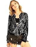 Allegra K Women's Sequin Jacket Halloween Party Long Sleeve Zipper Party Sparkle Bomber Jackets Small Black