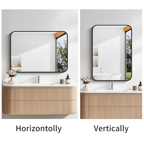 Image of Bathroom Mirror, 18 x 24 inch Metal Framed Black Rectangle Mirror, Rounded Corner Rectangular Vanity Mirror, Wall Mounted Mirror for Modern Bedroom Living Room Hangs Horizontal or Vertical