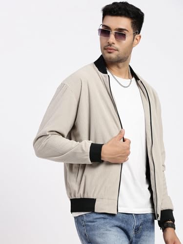 Image of SHOWOFFFF Men Solid Bomber Jacket | Mandarin Collar Full Sleeves Corduroy Jacket for Mens | Slim Fit Regular Length Jacket for Men's
