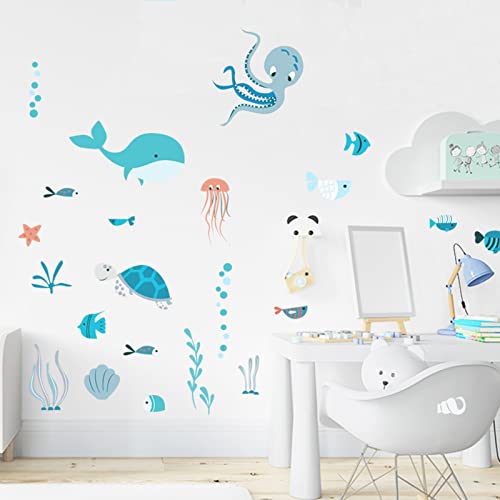 Mascare Watercolour Cartoon Ocean Animal Wall Decals Dolphin Octopus Sea Turtle Wall Stickers Removable Peel & Stick Decorative Wall #TOP30